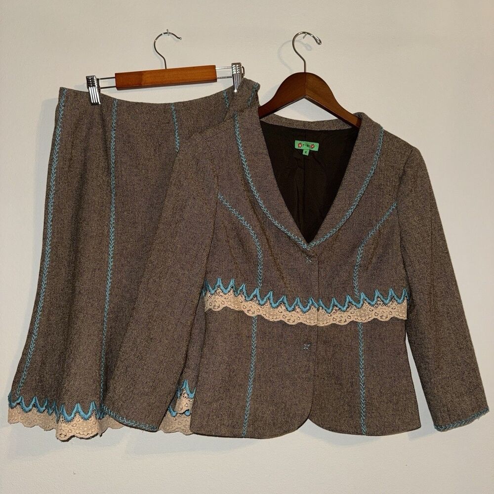 Vintage TIBI New York Tweed Skirt Suit Set Size 4 6 Wool Lace Turquoise Y2K